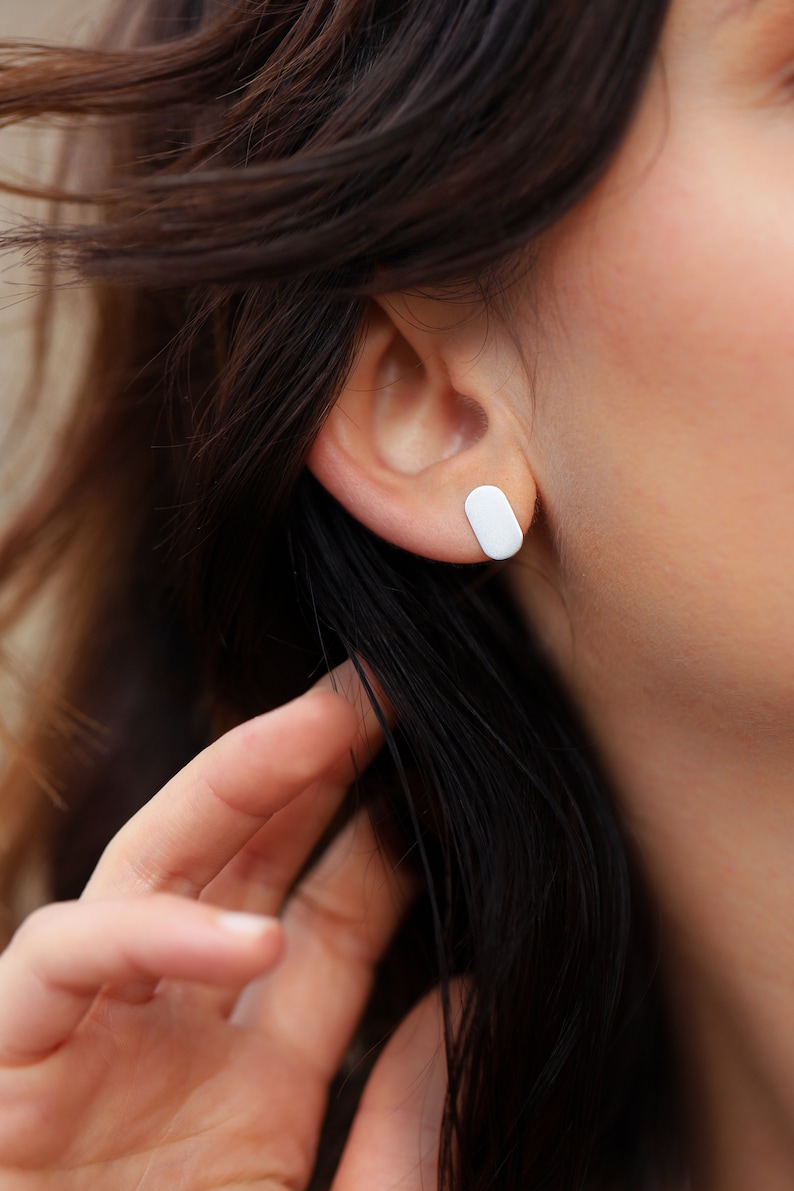 Minimalist Sterling Silver Earrings, Flat Silver Studs, Matte Silver Studs, Oval Stud Earrings, Small Oval Studs, Geometric Earrings Studs image 1