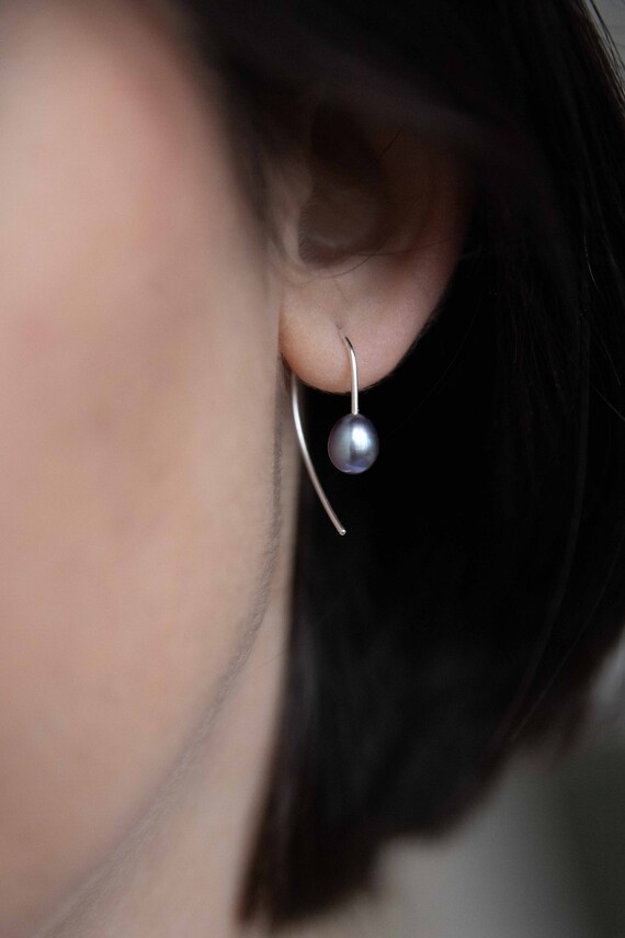 Natural Black Pearl Earrings 925 Sterling Silver Dark Pearl