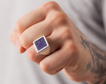 Sterling Silver Signet Ring, Violet Ring Men, Matte Silver Signet Ring, Unique Mens Rings, Sodalite Signet Ring, Seal Ring, Heavy Rings, 925