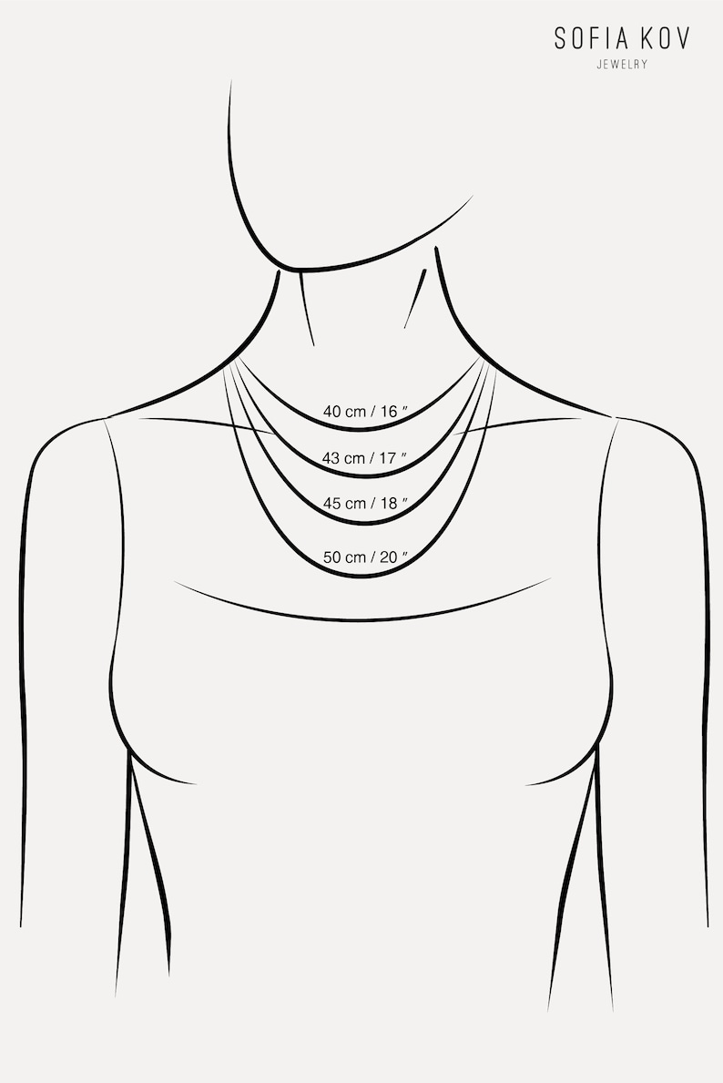 Puede incluir: Un dibujo de l&iacute;nea de un cuello y hombros de una persona con cuatro l&iacute;neas que representan diferentes longitudes de collar. Las longitudes est&aacute;n etiquetadas en pulgadas y cent&iacute;metros: 16 pulgadas/40 cm, 17 pulgadas/43 cm, 18 pulgadas/45 cm y 20 pulgadas/50 cm.