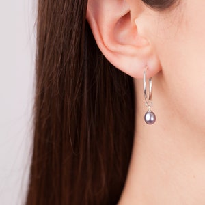 Pearl Hoop Earrings, Sterling Silver Hoops, Freshwater Pearl Earrings, Black Pearl Earrings, Dainty Pearl Drop Earrings, Dark Pearl Earrings