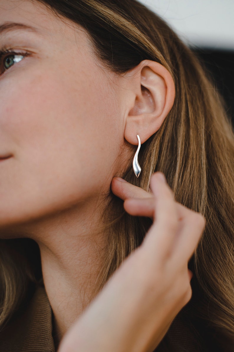 Eva Earrings, Geometric Silver Studs, Delicate Earrings, Modern Earrings, Minimalist Earrings, Elegant Bridal Earrings, Long Drop Earrings image 5