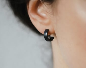 Dainty black Sterling Silver hoops, Handmade hypoallergenic earrings, Tiny lightweight hoop for everyday, Jewelry gift, Oxidized Silver Stud