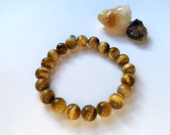 10mm Beaded Bracelet, TIGER EYE, Gemstone, Healing, Meditation, Yoga Jewelry, Yoga, Boho-Chic, Elastic Unisex Natural Stone Bracelet