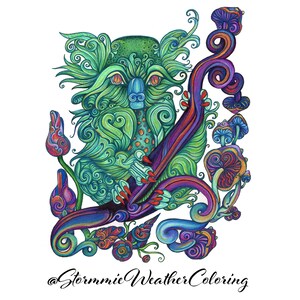 Pode incluir: Ilustração vibrante e detalhada de uma criatura fantástica com tons de verde, azul e roxo. A obra apresenta padrões em espiral, cogumelos e elementos florais, com o texto "@StormmieWeatherColoring" na parte inferior.