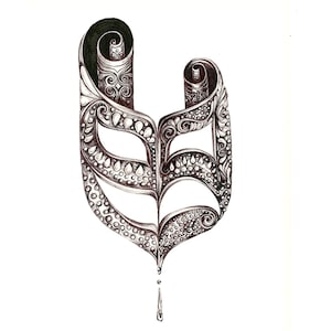 May include: Detailed pen and ink drawing of an abstract, stylized design. The artwork features intricate patterns of dots, swirls, and lines, creating a complex and ornamental composition. The design is primarily black and white, with a high level of detail.