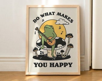 FRAMED Banjo Frog Print, Vintage Mushroom Illustration, Selfcare Print, Positivity Poster, 16X20, White, Black Natural Wooden Metal Frame