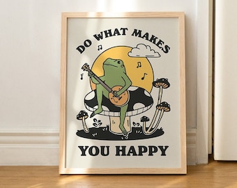 Gravierte Banjo Frosch-Druck, Vintage Pilz-Illustration, Selbstpflege-Druck, Positivitäts-Poster, 16X20, Weiß, Schwarzer natürlicher hölzerner Metallrahmen