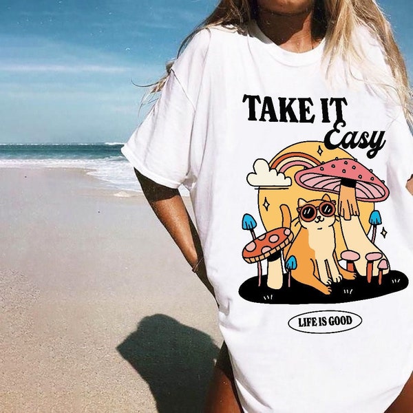 Groovy Cat Graphic Tee, Take it easy Beach T Shirt, Trendy Preppy Unisex T Shirts, Positive Quote T-Shirts, Shirts, Funky 90s Graphic Tee,