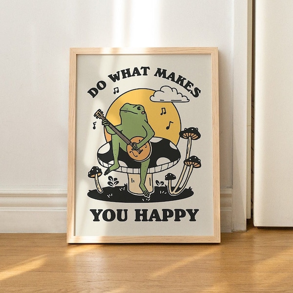 Retro Frog Wall Print, Love Quote, Vintage Banjo Frog, Mushroom Illustration, Selfcare Print, Positivity Poster, Neutral Prints, UNFRAMED