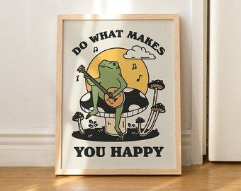 Stampa da parete con rana retrò, citazione d’amore, rana banjo vintage, illustrazione di funghi, stampa per la cura di sé, poster di positività, stampe neutre, SENZA CORNICE