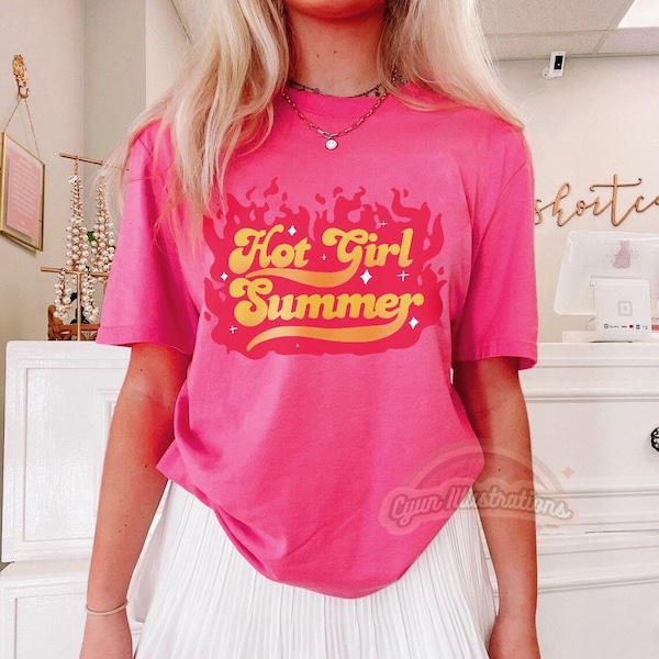 Y2K Summer Tshirt, Aesthetic Womans Oversized Shirt, Retro Graphic T-shirt, Trendy Tee, Hot Girl Summer, Girly Hot Pink Preppy Top, Crewneck