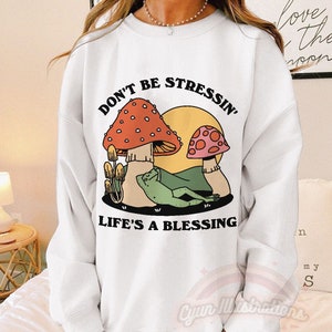 Frog Sweatshirt, Retro Jumper, Cute Groovy Mushroom Sweater, Positive Quote Trendy Sweatshirt, Cottagecore Froggy Clothes, Unisex Crewneck