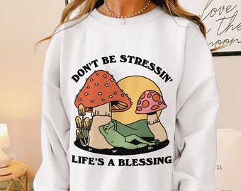 Frog Sweatshirt, Retro Jumper, Cute Groovy Mushroom Sweater, Positive Quote Trendy Sweatshirt, Cottagecore Froggy Clothes, Unisex Crewneck