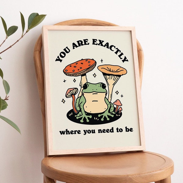 Frog mushroom Cottagecore Print, Cute Froggy, Positive Digital Download, Retro Wall Decor, Large Printable Art, Downloadable Prints, Neutral