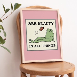 Frosch Schmetterling Wanddruck, Digital Download Print, Positivität Kunst, 70er Jahre Retro Wanddekor, Rosa druckbare Kunst, herunterladbare Drucke, Baby Rosa