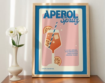 Retro Cocktail Print, Aperol Spitz Bar Poster, Alcohol Poster Illustration, Aperol Recipe Card A3 A4 A2 Prints, Kitchen Bar Poster, UNFRAMED