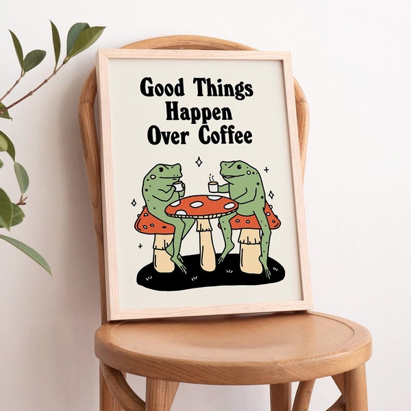 Retro Coffee Print, Frog Poster, Coffee Shop Decor, Frog Art, Downloadable Prints, Cute Printable Poster, Digital Download, Kitchen Prints