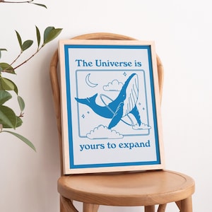 Impresión de arte de ballena, arte de pared de cita estética, cartel náutico del océano, obras de arte de moda de los años 70, cartel retro de ballena, descarga digital, decoración de habitación azul