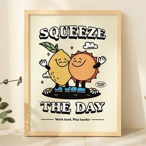 Uroczy plakat retro, nadruk Squeeze the Day, sztuka ścienna z cytatem o pozytywności retro, ilustracja artystyczna z lat 70., motywujące wydruki typograficzne, BEZ RAMY