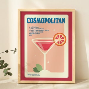 Cartel de alcohol Cosmo, impresión cosmopolita minimalista, decoración de bar de cocina, cartel de cóctel rojo, impresión descargable estética, decoración imprimible