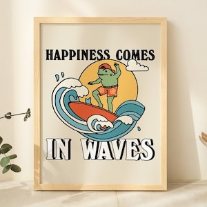 Impresión retro de rana surfista, cartel de surf, impresión descargable de los años 70, impresiones del océano junto al mar, cita positiva, linda impresión de pared imprimible, linda impresión