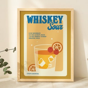 Retro Whiskey Sour poster, Minimalist Alcohol Print, Yellow Bar Decor, Whisky Aesthetic Print, Cocktail Recipe, Bartender Gift, UNFRAMED