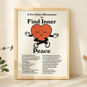 Daily Affirmations Wall Print, Retro Meditation Illustration, Cute Typographic Poster,  Large Art Print, Inner Peace Artwork, UNFRAMED