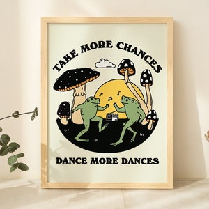 Impresión de pared de rana bailando, cartel de setas retro, impresión descargable de los años 70, cita positiva de mediados de siglo, linda impresión de pared imprimible, sapo y rana