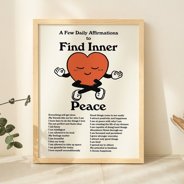 Meditation Wall Print, Aesthetic Heart Poster, Positive Inner peace Affirmations, Digital Download, Retro Printable Typography Wall Artwork