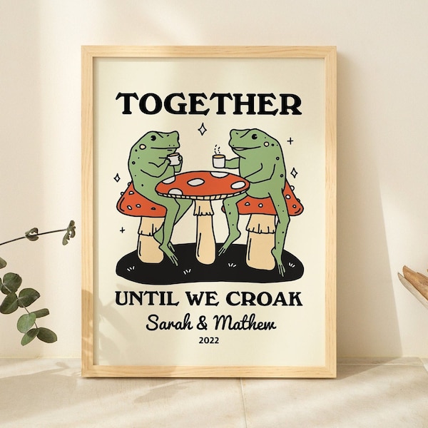 Personalisiertes Paar Druck, individuelle Frosch Illustration, Jahrestag Verlobung Valentinstag Geschenk Idee, niedliche Wanddekor, Retro ästhetisch, UNGERAHMT