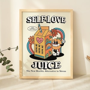 Impresión de jugo de amor propio enmarcada, ilustración de carteles de los años 70, carteles enmarcados de estética vintage, impresión de arte retro enmarcado, marco de madera o aluminio