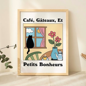 French Cafe Chat Noir Print, Retro Cat Poster, Bistro Coffee Posters, Le Chat, Le Gateaux Quote, Kitchen Decor, Colorful Posters, UNFRAMED
