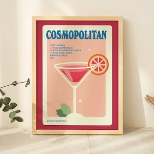 GEMALTER Cosmopolitan Cocktailrezept, Küche Bar Poster, Alkohol, Galerie Wandkunst, Cosmo Drink, weiß, schwarzer natürlicher hölzerner Metallrahmen