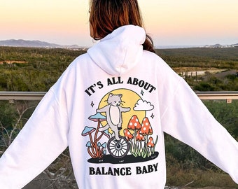 Retro Unicycle Cat Hoodie, Aesthetic Oversized Hooded Sweatshirt, Trendy Colorful Hoody, Words on back, Its all About Balance Baby, UNISEX