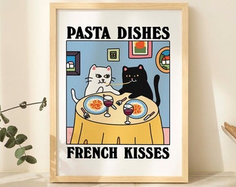 Pasta Dishes French Kisses Cat Print, Romantic Diner Poster, Bistro Dining Pasta Posters, Italian Kitchen Prints Decor, Unique Art, UNFRAMED