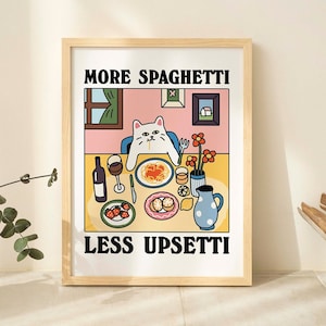 More Spaghetti Less Regretti Cat Print, Retro Diner Poster, Bistro Dining Pasta Posters, Italian Kitchen Prints Decor, Unique Art, UNFRAMED