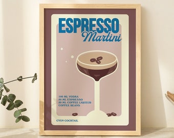 Impresión de cóctel Espresso Martini, cartel de bar de cocina, impresión de alcohol, decoración de pared de galería, linda ilustración de espresso, impresión A2 A3 A4, SIN MARCO