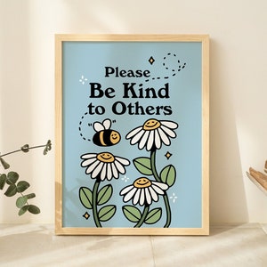 Bee Flower Wall Print, Be Kind Digital Download, Retro Flowers Wall Decor, Flower Printable Art, Blue Downloadable Prints, Cute Kids Decor