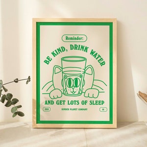 Impresión retro de agua de gato, cita de Be Kind Drink Water, póster de cuidado personal, impresiones de afirmación, carteles de estilo vintage de los años 70, naranja quemado, SIN MARCO