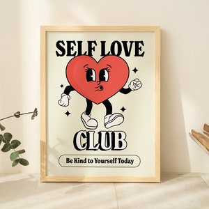 Retro Self Love Club, Vintage Colorful Illustration, Cute Dorm Room Prints, Large Trendy Poster, Groovy 80s, Positive Quote, UNFRAMED