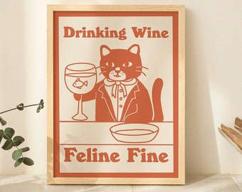 Distinguished Cat Print, Retro Wine Drink Alcohol Poster, Cat Milk Posters, Drinking Wine Feline Fine Prints, Kitchen Bar Decor, UNFRAMED