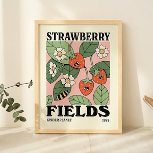 Retro Strawberry poster, Botanical Print, Flower Market poster, Flowers print, Retro Typography Art, Colorful Large Poster Prints, UNFRAMED