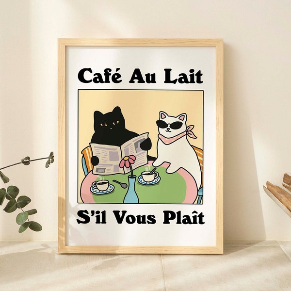 Impression de chat français café au lait, affiche de boisson rétro, affiches de café bistrot, tresse Un Cafe Sil Vous, décoration de cuisine, affiches uniques, sans cadre