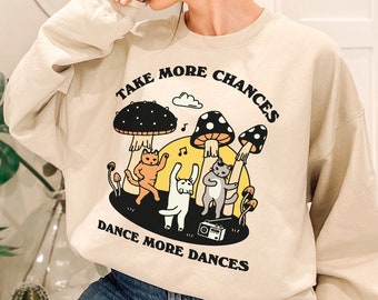 Dancing Cats Sweatshirt, Retro Jumper, Cute Mushroom Sweater, Positive Quote Trendy Crewneck, Cute Cottagecore Cat Lady Clothes, Kitty Gift