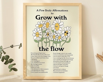 FRAMED Positive Selfcare Affirmations, Aesthetic Flowers Poster,  Framed Posters, Botanical Framed Wall Decor, Wooden, Aluminium Frame