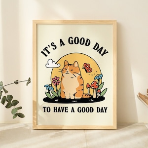 Cat Illustration Wall Print, Happiness Quote, Cute Kids Classroom Posters, Cottagecore Nursery Decor, Green  Orange Animal Prints, UNFRAMED