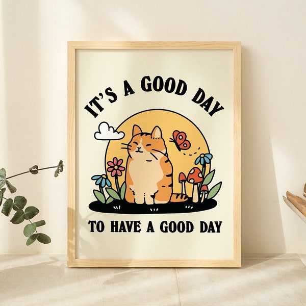 Cat Illustration Wall Print, Happiness Quote, Cute Kids Classroom Posters, Cottagecore Nursery Decor, Green  Orange Animal Prints, UNFRAMED