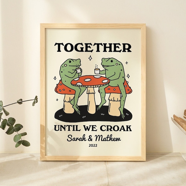 FRAMED Custom Coffee Frog Print, Personalised Couples Gift, Retro Mushroom Illustration, Anniversary Gift Idea, Black, White, Wood Frame