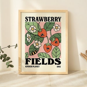 FRAMED Strawberry poster, Botanical Print, Flower Market poster, Flowers print, Retro Typography, Wooden Framed Wall Decor, Aluminium Frame